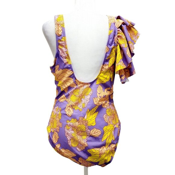 Floral One-Shoulder Ruffled Swimsuit V Neckline Yellow Lavender Womens Size XL - Picture 5 of 15